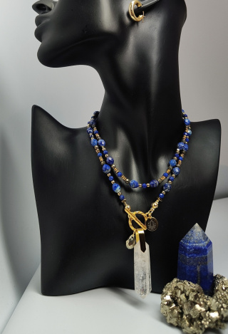 Naszyjnik Lapis Lazuli ,Piryt ,Kryształ Górski Klasa Premium srebro 925 24k