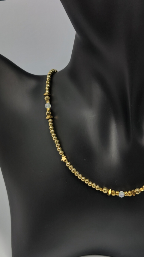 Choker Złoty z hematytu i Kryształu górskiego srebro 925 24k Choker Złoty z hematytu i Kryształu górskiego srebro 925 24k