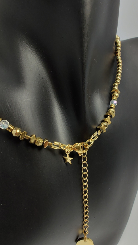 Choker Złoty z hematytu i Kryształu górskiego srebro 925 24k Choker Złoty z hematytu i Kryształu górskiego srebro 925 24k