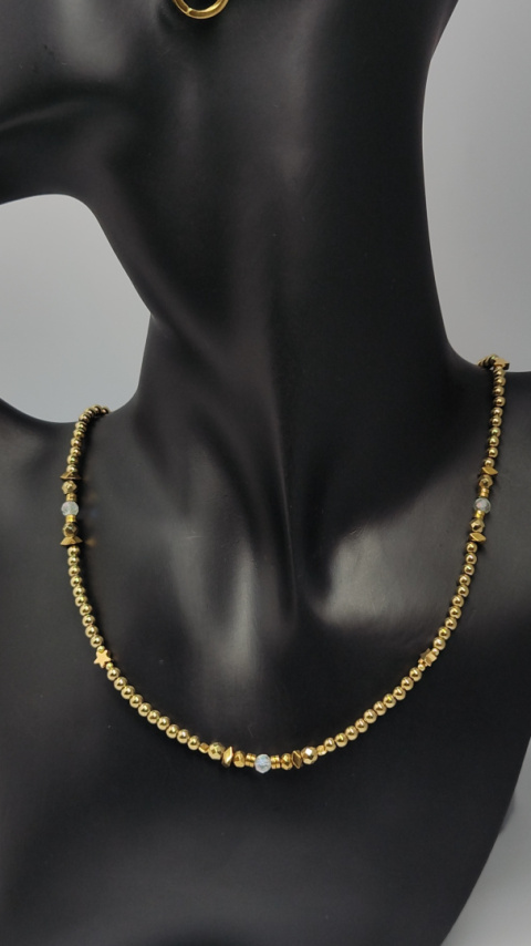 Choker Złoty z hematytu i Kryształu górskiego srebro 925 24k Choker Złoty z hematytu i Kryształu górskiego srebro 925 24k