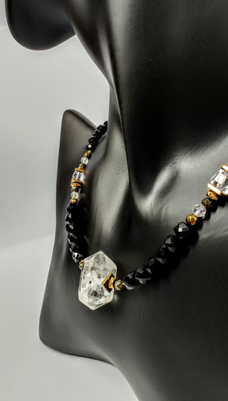 Choker z Czarnego Turmalinu i Kryształu Górskiego srebro 925 24k
