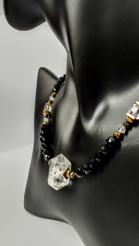 Choker z Czarnego Turmalinu i Kryształu Górskiego srebro 925 24k Choker z Czarnego Turmalinu i Kryształu Górskiego srebro 925 24k