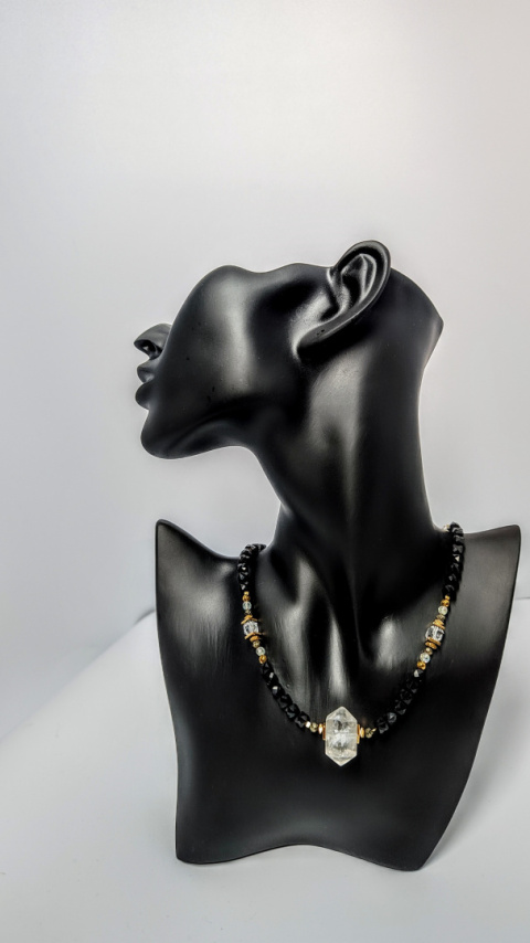 Choker z Czarnego Turmalinu i Kryształu Górskiego srebro 925 24k Choker z Czarnego Turmalinu i Kryształu Górskiego srebro 925 24k