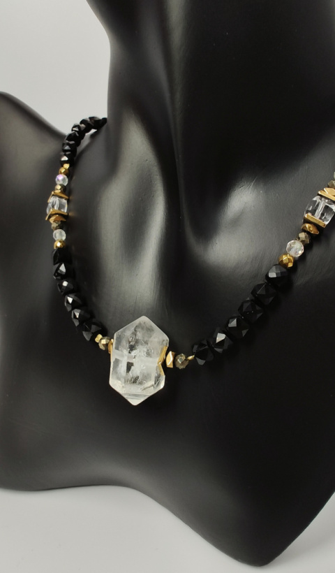 Choker z Czarnego Turmalinu i Kryształu Górskiego srebro 925 24k Choker z Czarnego Turmalinu i Kryształu Górskiego srebro 925 24k
