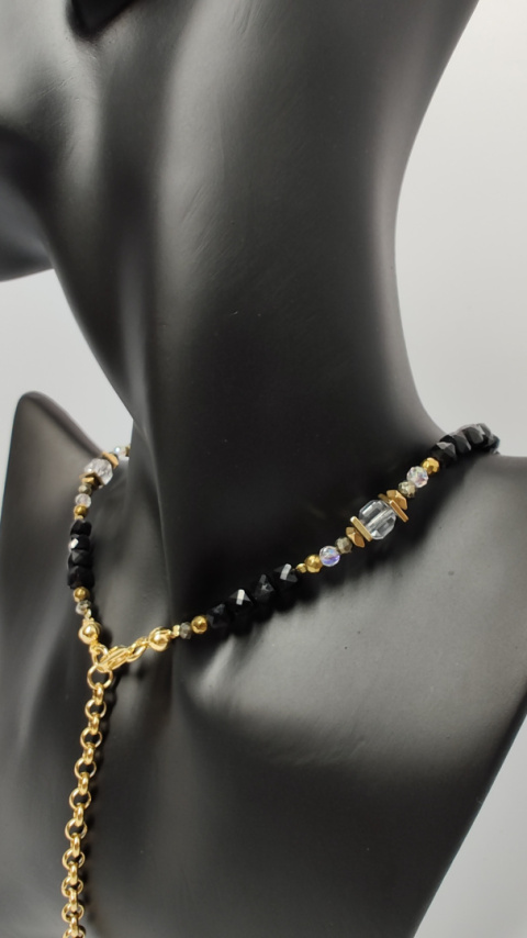 Choker z Czarnego Turmalinu i Kryształu Górskiego srebro 925 24k Choker z Czarnego Turmalinu i Kryształu Górskiego srebro 925 24k