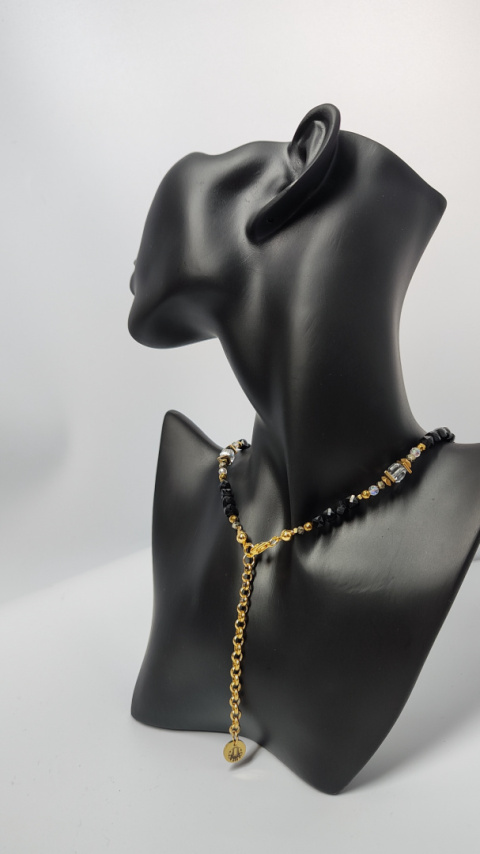 Choker z Czarnego Turmalinu i Kryształu Górskiego srebro 925 24k Choker z Czarnego Turmalinu i Kryształu Górskiego srebro 925 24k