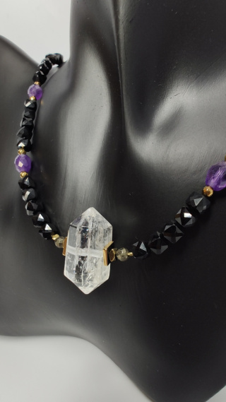 Choker z Czarnego Turmalinu i Ametystu srebro 925 24k