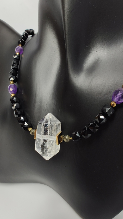 Choker z Czarnego Turmalinu i Ametystu srebro 925 24k Choker z Czarnego Turmalinu i Ametystu srebro 925 24k