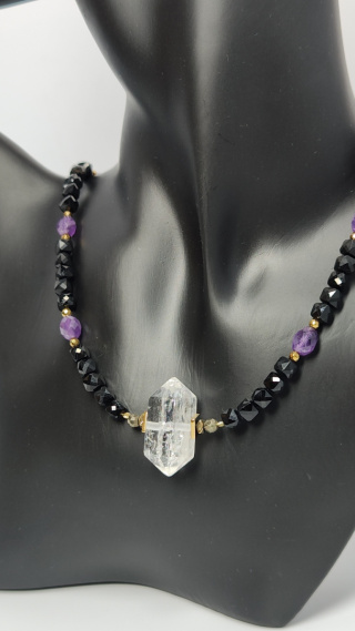 Choker z Czarnego Turmalinu i Ametystu srebro 925 24k