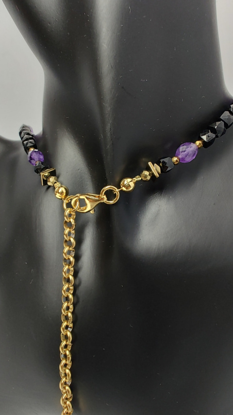 Choker z Czarnego Turmalinu i Ametystu srebro 925 24k Choker z Czarnego Turmalinu i Ametystu srebro 925 24k