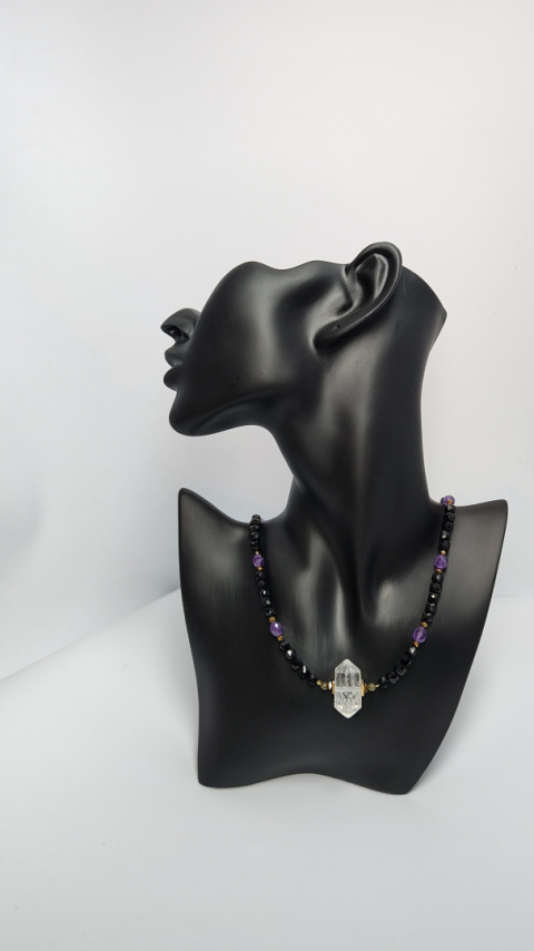 Choker z Czarnego Turmalinu i Ametystu srebro 925 24k Choker z Czarnego Turmalinu i Ametystu srebro 925 24k