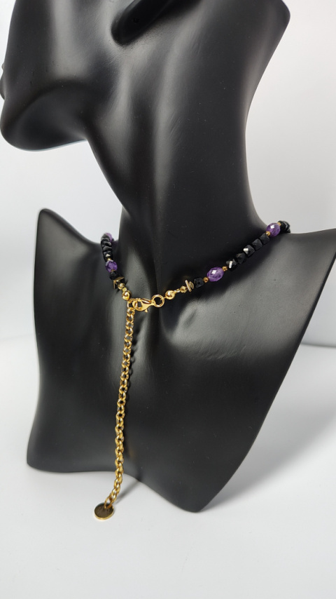 Choker z Czarnego Turmalinu i Ametystu srebro 925 24k Choker z Czarnego Turmalinu i Ametystu srebro 925 24k