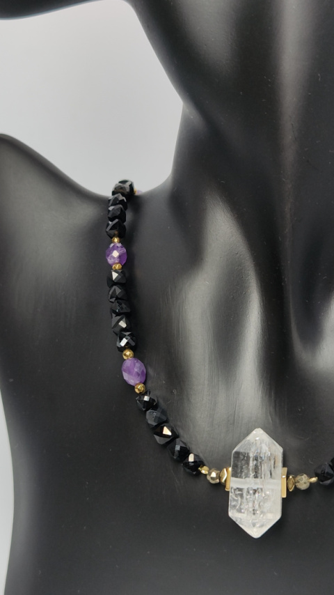 Choker z Czarnego Turmalinu i Ametystu srebro 925 24k Choker z Czarnego Turmalinu i Ametystu srebro 925 24k