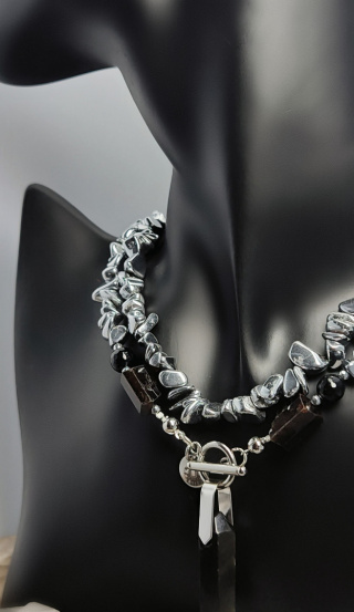 Podwójny Choker Hematyt ,Czarny Turmalin i Obsydian srebro 925