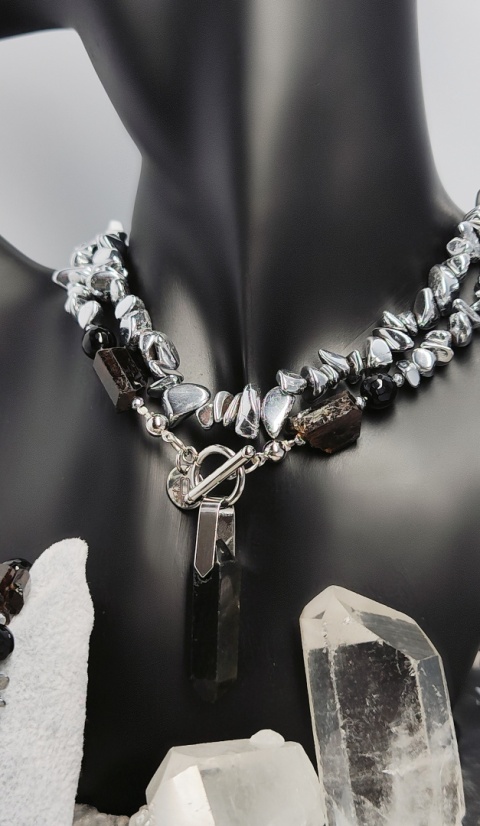 Podwójny Choker Hematyt ,Czarny Turmalin i Obsydian srebro 925