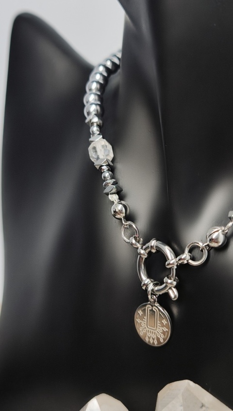 Choker Srebrny Hematyt i Kryształ Górski (6mm)