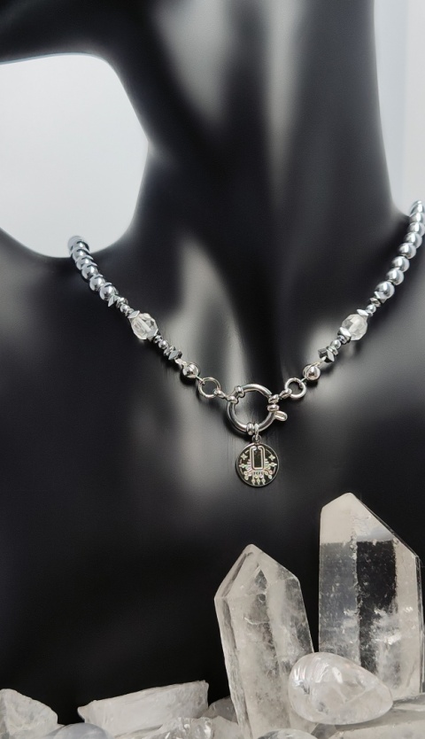 Choker Srebrny Hematyt i Kryształ Górski (6mm)