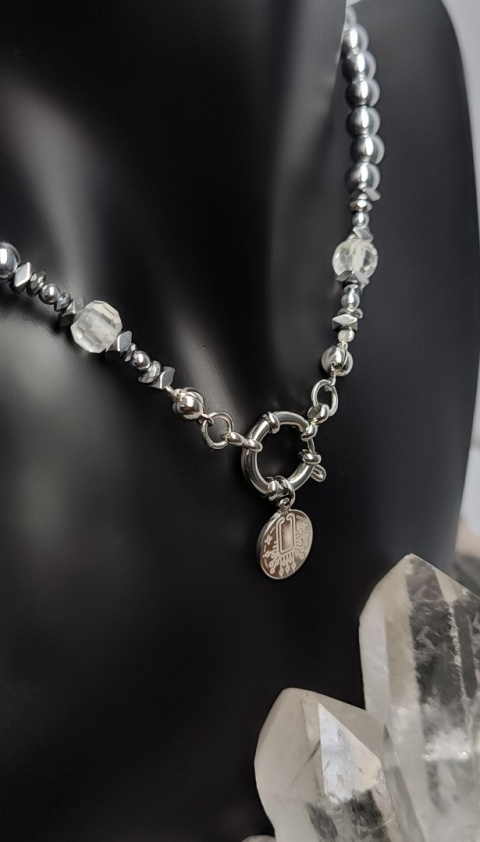 Choker Srebrny Hematyt i Kryształ Górski (6mm)