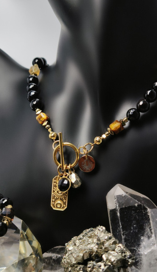 Choker Onyks, Cytryn,Tygrysie Oko srebro 24k złoto