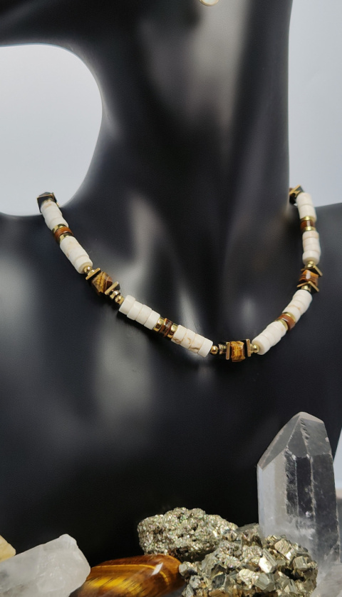Choker z Beżowego Howlitu i Tygrysiego Oka srebro 925 24k