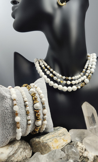 Choker z Białego Marmurowego Howlitu srebro 925 24k