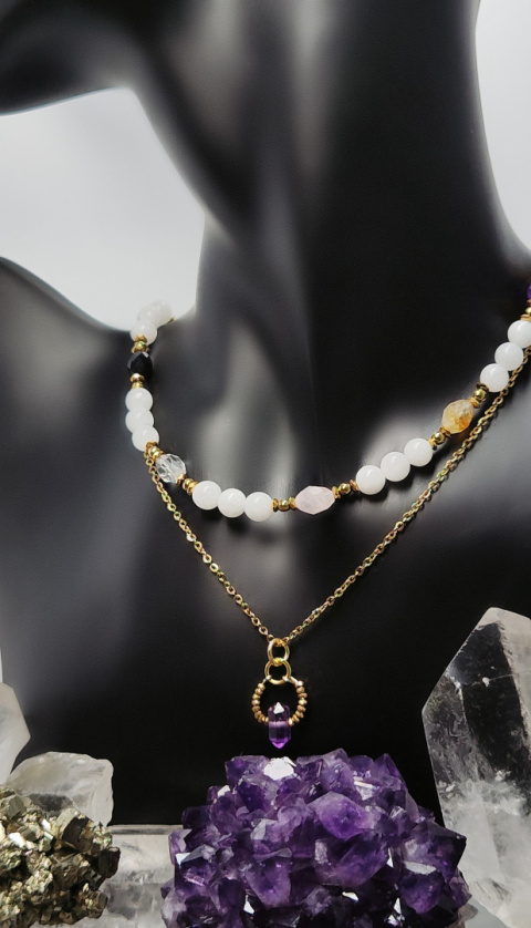 Choker z Jadeitem i Obsydianem,Cytrynem,Kwarcem Różowy,Ametystem i Kryształem Górskim srebro 925 24k