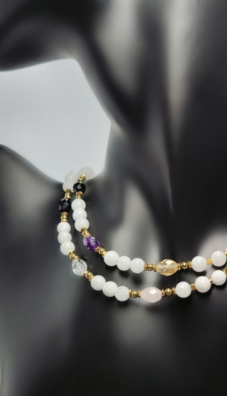 Choker z Jadeitem i Obsydianem,Cytrynem,Kwarcem Różowy,Ametystem i Kryształem Górskim srebro 925 24k