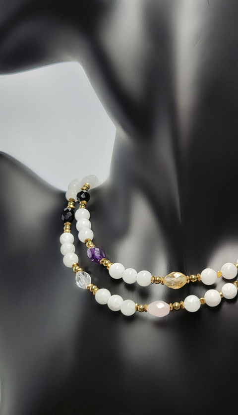 Choker z Jadeitem i Obsydianem,Cytrynem,Kwarcem Różowy,Ametystem i Kryształem Górskim srebro 925 24k
