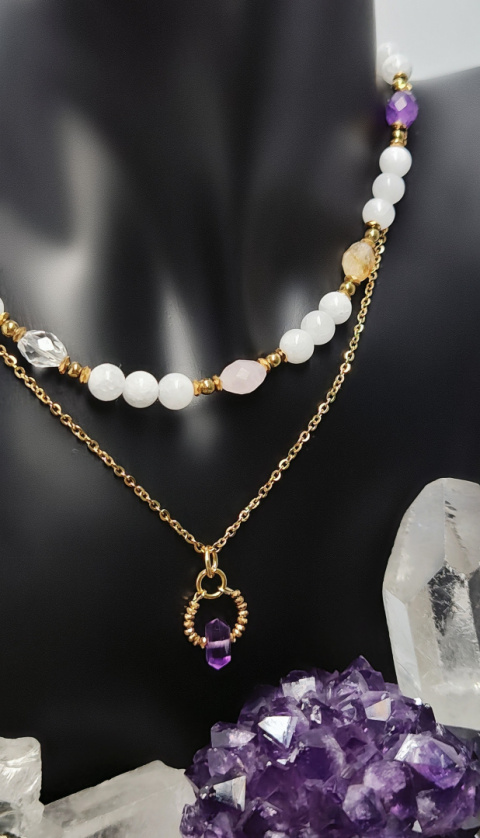 Choker z Jadeitem i Obsydianem,Cytrynem,Kwarcem Różowy,Ametystem i Kryształem Górskim srebro 925 24k