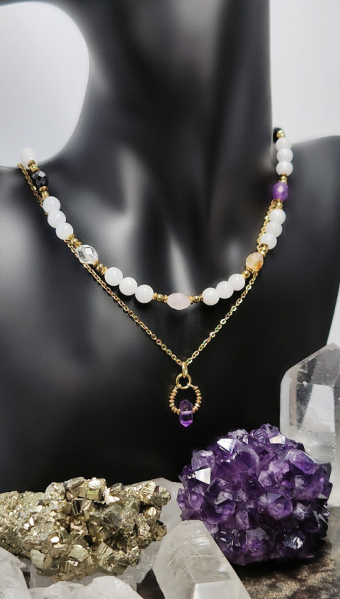 Choker z Jadeitem i Obsydianem,Cytrynem,Kwarcem Różowy,Ametystem i Kryształem Górskim srebro 925 24k