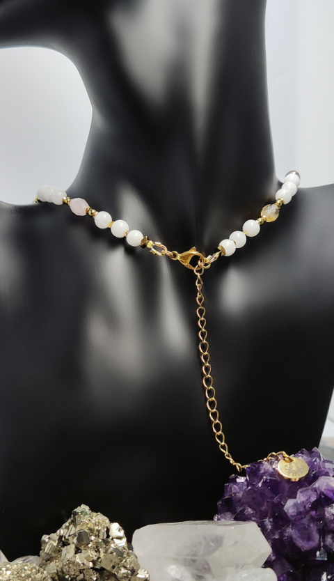Choker z Jadeitem i Obsydianem,Cytrynem,Kwarcem Różowy,Ametystem i Kryształem Górskim srebro 925 24k