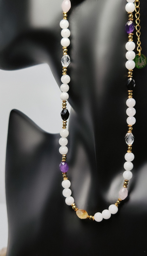 Choker z Jadeitem i Obsydianem,Cytrynem,Kwarcem Różowy,Ametystem i Kryształem Górskim srebro 925 24k