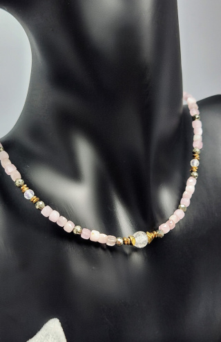 Choker z Kunzytu, Kryształu Górskiego,hematytu i srebra 925 24k