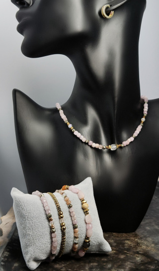 Choker z Kunzytu, Kryształu Górskiego,hematytu i srebra 925 24k