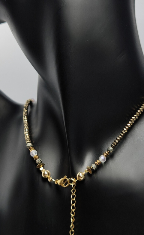Choker z Kunzytu, Kryształu Górskiego,hematytu i srebra 925 24k