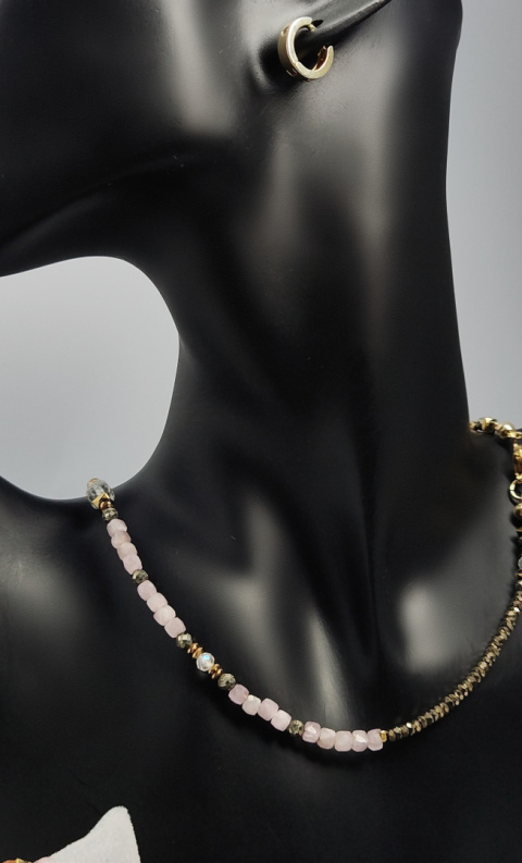 Choker z Kunzytu, Kryształu Górskiego,hematytu i srebra 925 24k