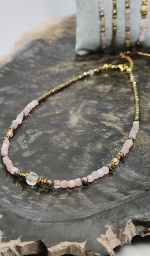 Choker z Kunzytu, Kryształu Górskiego,hematytu i srebra 925 24k