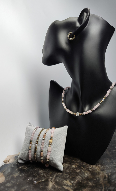 Choker z Kunzytu, Kryształu Górskiego,hematytu i srebra 925 24k