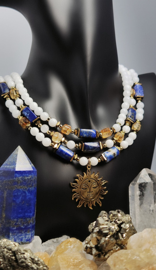 Potrójna Kolia z Białego Jadeit, Lapis Lazuli i Cytrynu srebro 925 24k