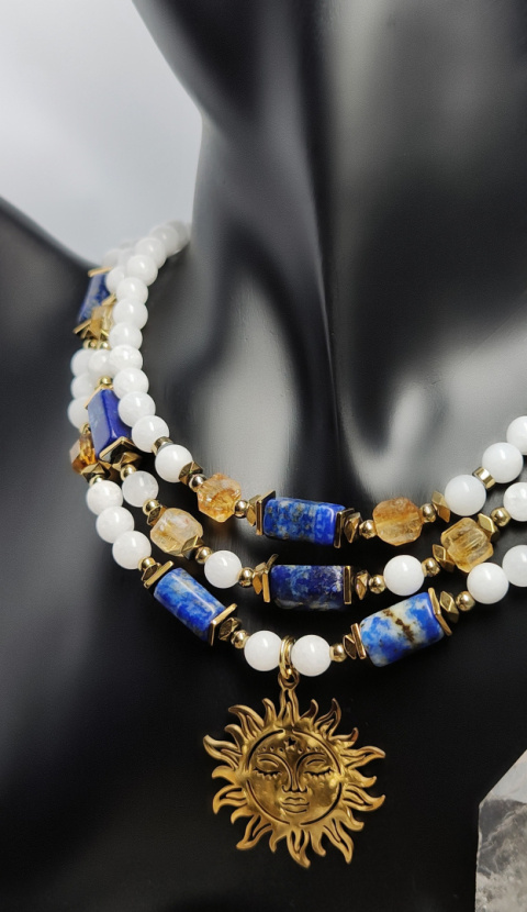 Potrójna Kolia z Białego Jadeit, Lapis Lazuli i Cytrynu srebro 925 24k Potrójna Kolia z Białego Jadeit, Lapis Lazuli i Cytrynu srebro 925 24k