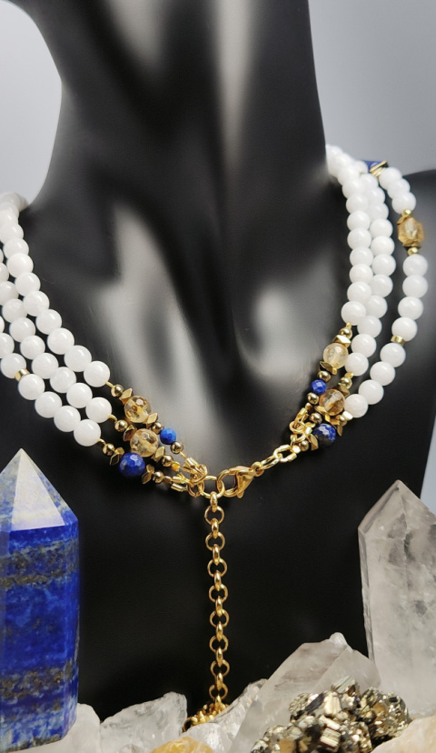 Potrójna Kolia z Białego Jadeit, Lapis Lazuli i Cytrynu srebro 925 24k Potrójna Kolia z Białego Jadeit, Lapis Lazuli i Cytrynu srebro 925 24k