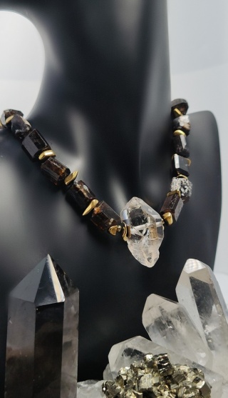 Choker z Czarnego Turmalinu i Diamentu Herkimer srebro 925 24k