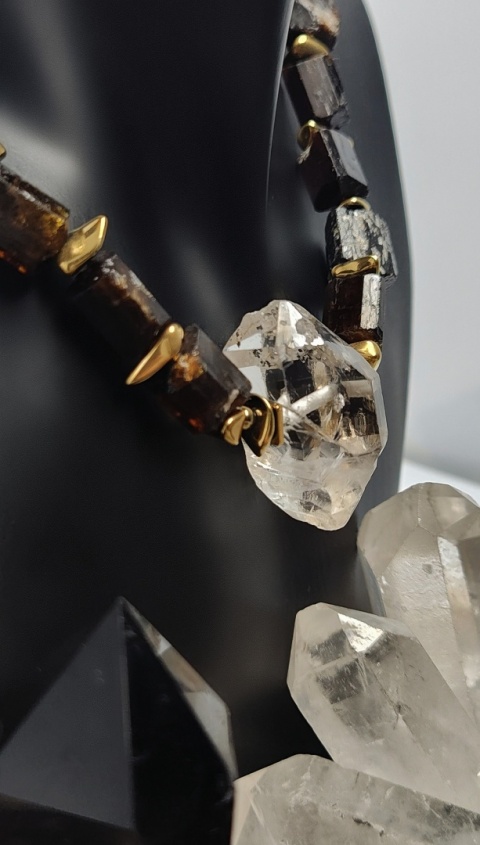 Choker z Czarnego Turmalinu i Diamentu Herkimer srebro 925 24k