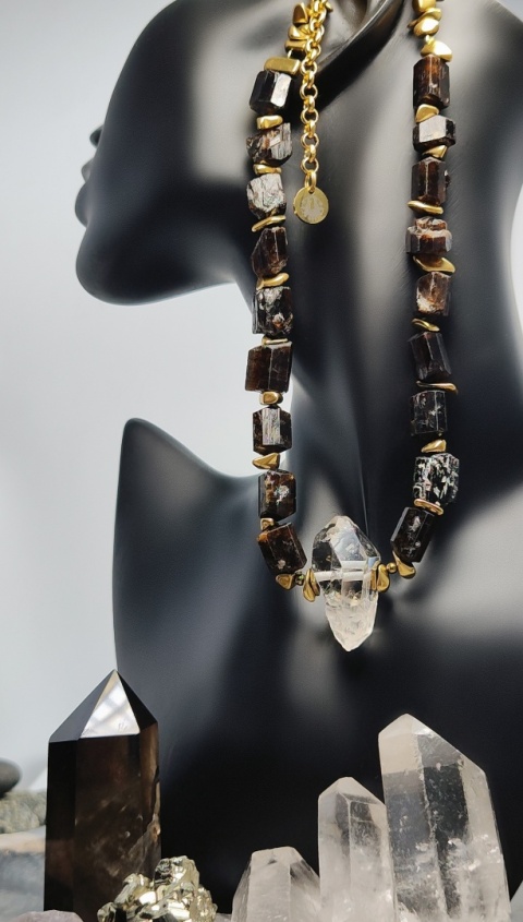 Choker z Czarnego Turmalinu i Diamentu Herkimer srebro 925 24k