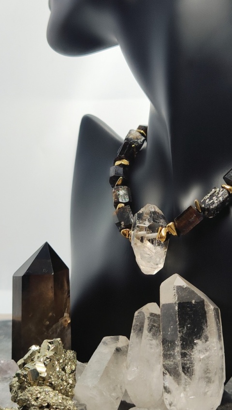 Choker z Czarnego Turmalinu i Diamentu Herkimer srebro 925 24k