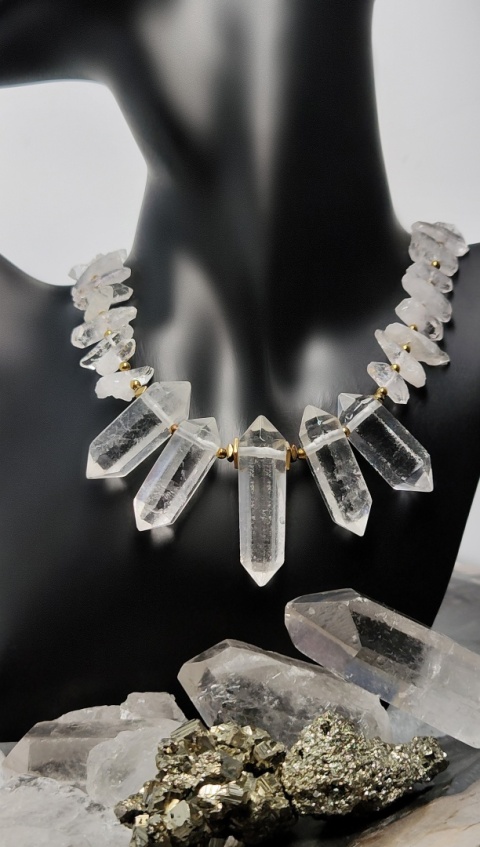 Kolia z Diamentów Herkimer i Kryształów Górskich srebro 925 24k