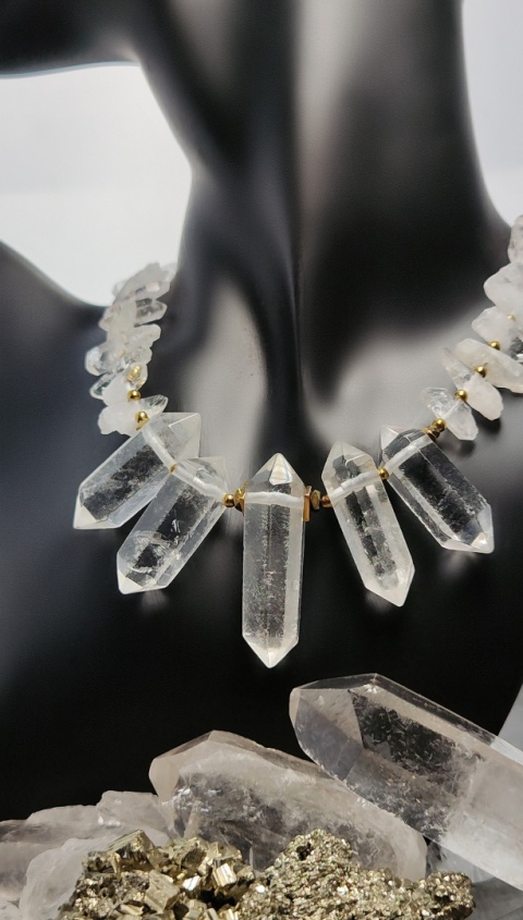 Kolia z Diamentów Herkimer i Kryształów Górskich srebro 925 24k