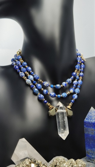 Naszyjnik Lapis Lazuli ,Piryt ,Kryształ Górski Klasa Premium II