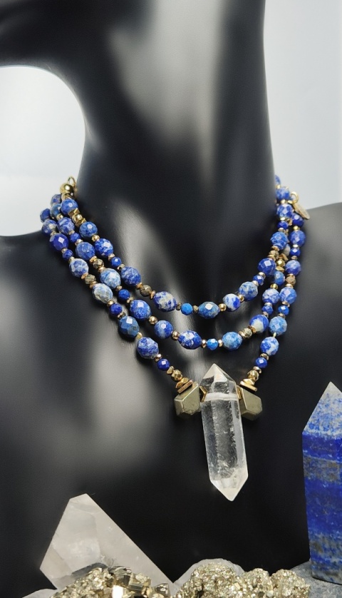Naszyjnik Lapis Lazuli ,Piryt ,Kryształ Górski Klasa Premium II