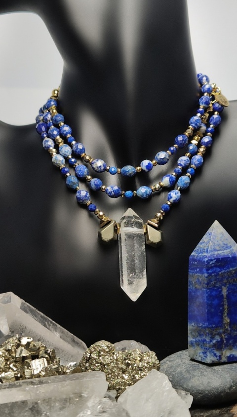 Naszyjnik Lapis Lazuli ,Piryt ,Kryształ Górski Klasa Premium II